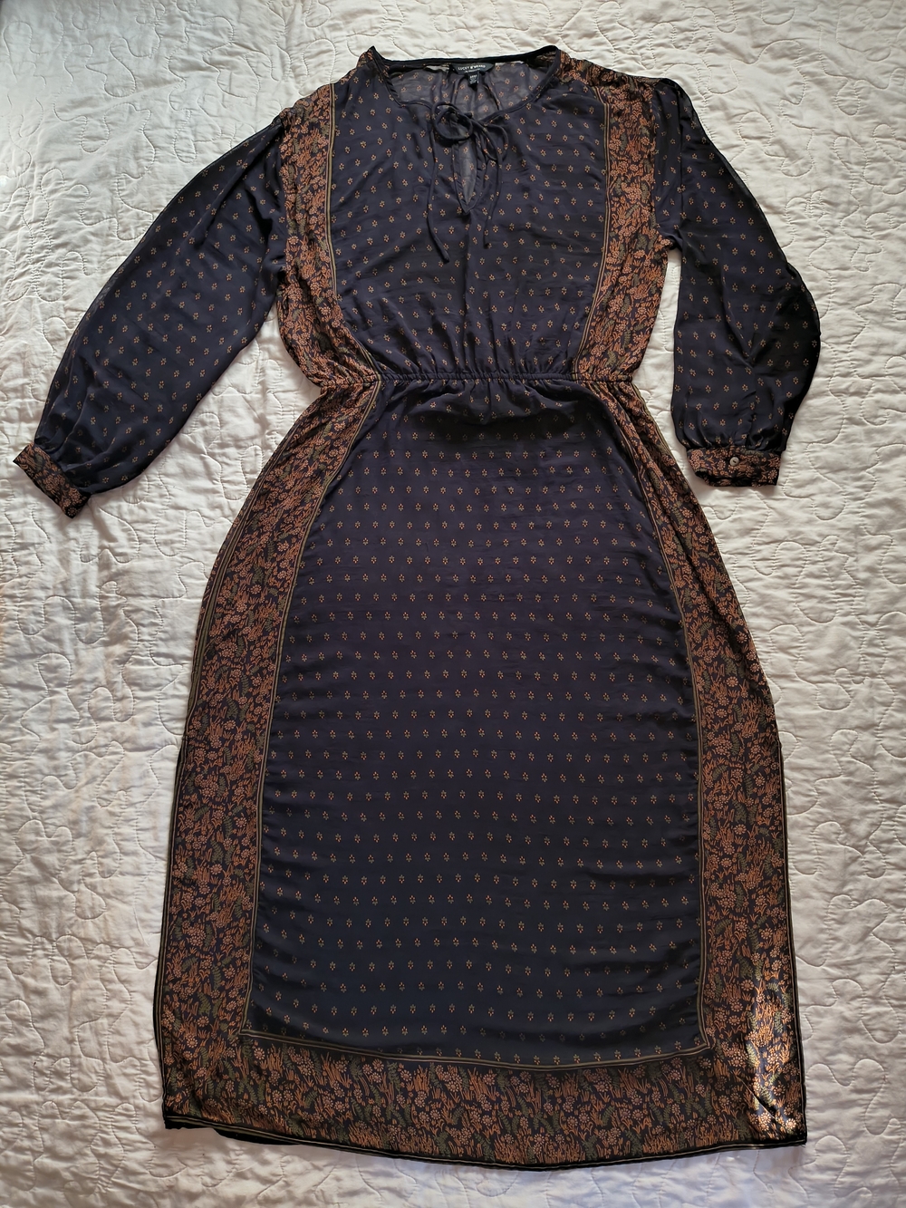 Womens Navy Floral Trim Tie-Neck Midi Dress